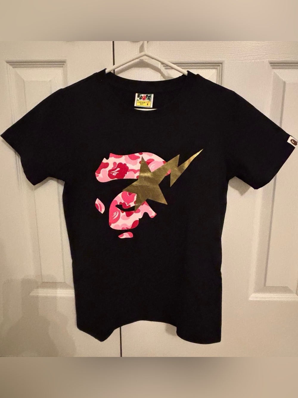 BAPE A Bathing Ape Pink Camo Ape Face STA Black Tee